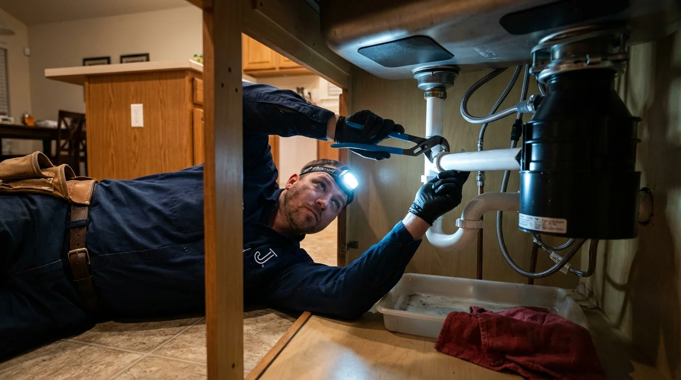 P-trap and supply line connections under a kitchen sink showing a common leak point in Troy, NY